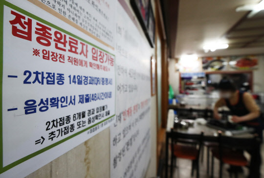 "방역패스 확인하세요" 3일 오후 경기도 수원시의 한 식당에 방역패스 안내문이 붙어 있다. 이날부터 방역패스 6개월 유효기간이 적용된다. 지난해 7월 6일 전에 기본접종 후 추가접종을 하지 않았다면 방역패스 적용 시설에 입장할 수 없다. 수원=연합뉴스